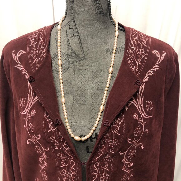 Susan Graver Jacket Womens Size 1X Burgundy Pink Embroidery Faux Suede Blazer - Picture 2 of 6